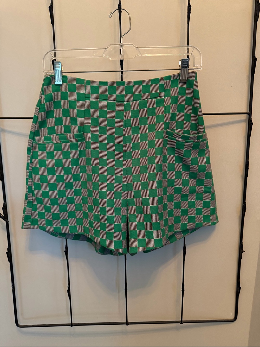 glam Green and Gray Checkerboard High-Waist Shorts
